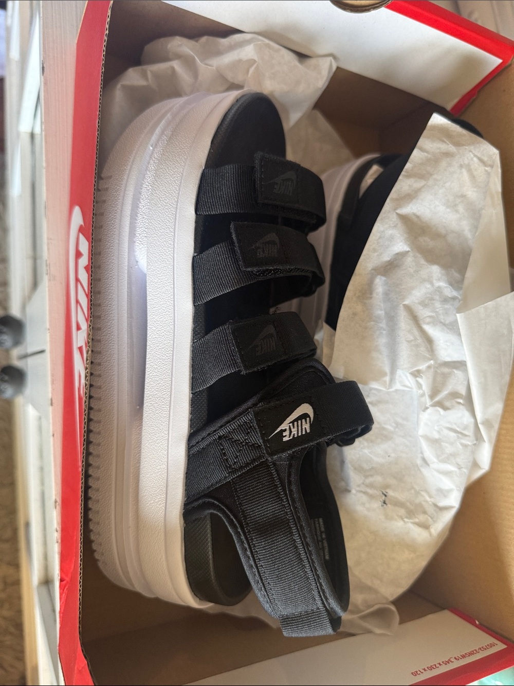 Nike Black and White Womens' Strappy Velcro Platform Sandals